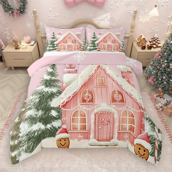 Manfei Merry Christmas Queen Comforter Set,Kawaii Gingerbread Man Bedding Sets,Green Xmas Tree Bedding Comforter Set For Girls Teens,Luxury Bedroom Decor Reversible,3pcs