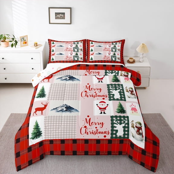 Manfei Merry Christmas Queen Comforter Set,Santa Claus Snowman Bedding Sets,Cute Xmas Reindeer Bedding Comforter Set For Children,Super Cozy Room Decor Reversible,3-Piece