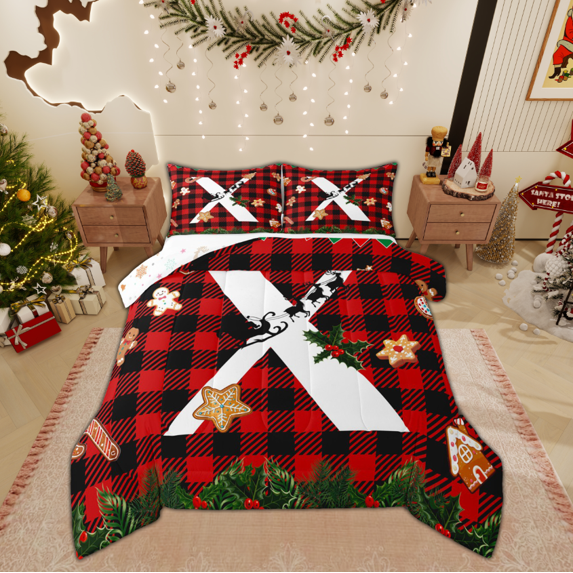 Manfei Merry Christmas Queen Comforter Set for Teens, Monogrammed X Bedding Sets, Initial Letter Reversible Bedding Comforter Set, Luxury Bedroom Decor, 3 Pieces