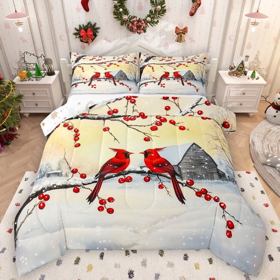 Manfei Merry Christmas Queen Comforter Set,Wild Cardinal Birds Bedding Sets,Rustic Xmas Red Berry Bedding Comforter Set For Men Women,Breathable Home Decor Reversible,3-Piece