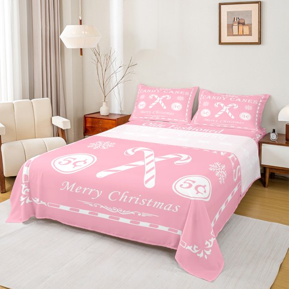 Manfei Merry Christmas Queen Sheet Sets 4 Pieces for Kids, Xmas Sled Flat Sheet, Pink White Candy Canes Lightweight Room Decor
