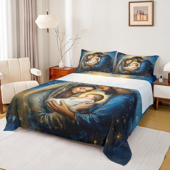 Manfei Merry Christmas Queen Sheet Sets,Gold Glitter Print Flat Sheet,Oil Painting Artistic Queen Fitted Sheet For Boy Girl,Luxury Bedroom Decor,4-Piece