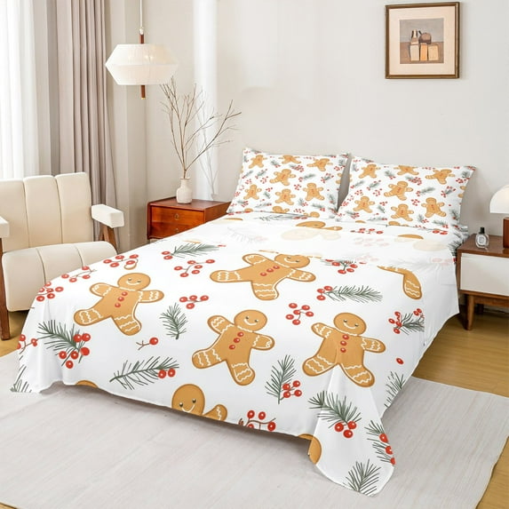 Manfei Merry Christmas Queen Sheet Sets for Teen, Kawaii Gingerbread Man Flat Sheet, Cartoon Xmas Tree Queen Fitted Sheet, Luxury Bedroom Decor, 4 Pieces