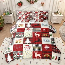 Homewish Merry Christmas Teens Twin Bedding Sets 7-Piece, Vintage Red Patchwork Bedding Comforter Set, Kawaii Rindeer Snowman Reversible Sheet Sets, Lightweight Room Decor