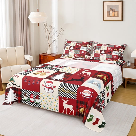 Homewish Merry Christmas Teens Twin Sheet Sets, Vintage Red Patchwork Twin Fitted Sheet, Kawaii Rindeer Snowman Flat Sheet, Lightweight Room Decor, 3pcs