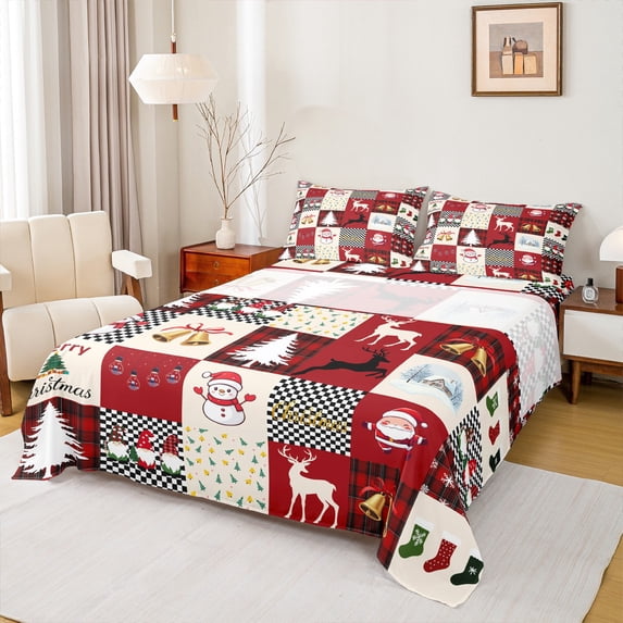 Homewish Merry Christmas Teens Twin Sheet Sets, Vintage Red Patchwork Twin Fitted Sheet, Kawaii Rindeer Snowman Flat Sheet, Lightweight Room Decor, 3pcs
