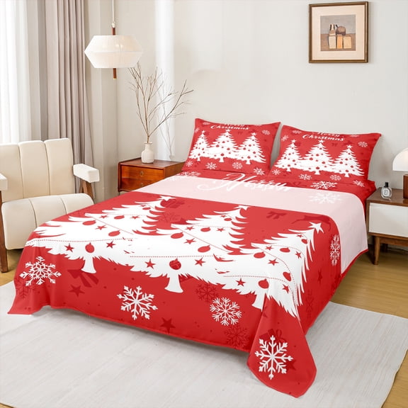 Manfei Merry Christmas Theme Bed Sheets 4pcs, Red White King Sheets, Snowflake Xmas Tree Sheet Set, Lightweight Room Decor