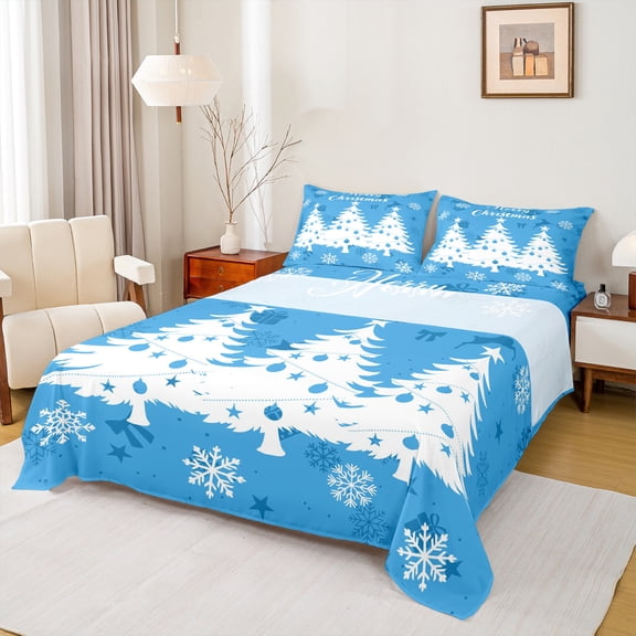 Manfei Merry Christmas Theme Twin Sheet Sets 3pcs, Blue White Twin Fitted Sheet, Snowflake Xmas Tree Flat Sheet, Breathable Home Decor