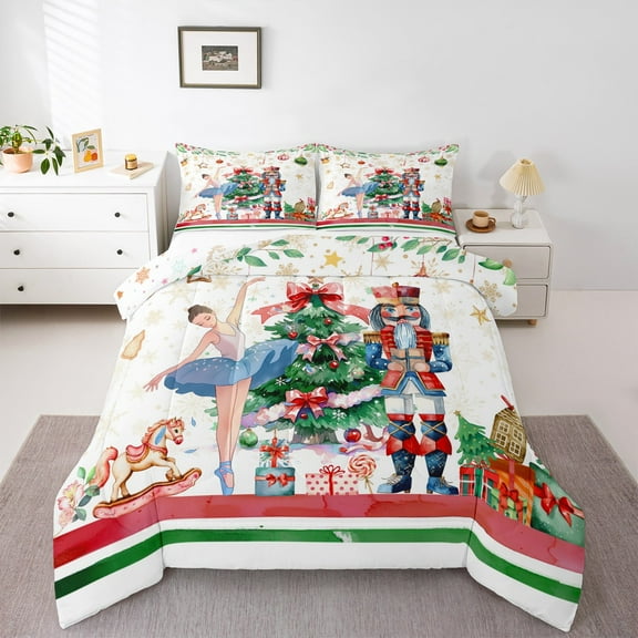 Manfei Merry Christmas Tree Bedding Comforter Set,Nutcracker Soldier Twin Comforter Sets,Chic Ballarina Girl Bedding Set For Child,Breathable Home Decor Reversible,2pcs