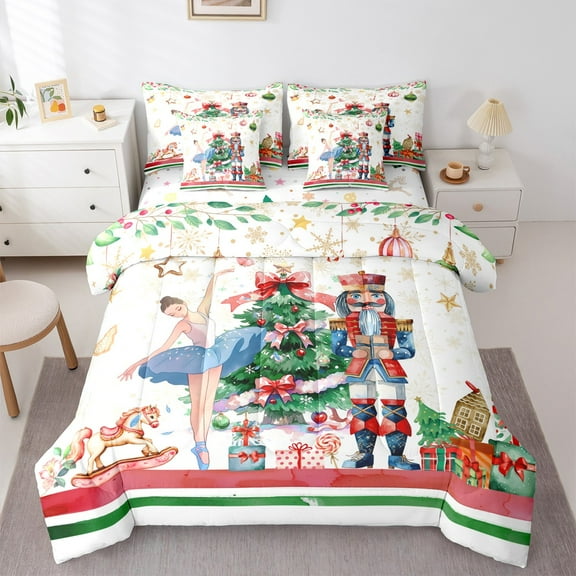 Manfei Merry Christmas Tree Twin Bedding Sets 7-Piece,Nutcracker Soldier Bedding Comforter Set,Chic Ballarina Girl Sheet Sets For Child,Breathable Home Decor Reversible