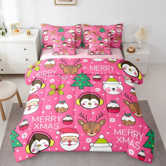 Manfei Merry Christmas Twin Bedding Sets 7-Piece,Cute Santa Claus Bedding Comforter Set,Xmas Dessert Cake Sheet Sets For Girls,Ultra Soft Home Decor Reversible