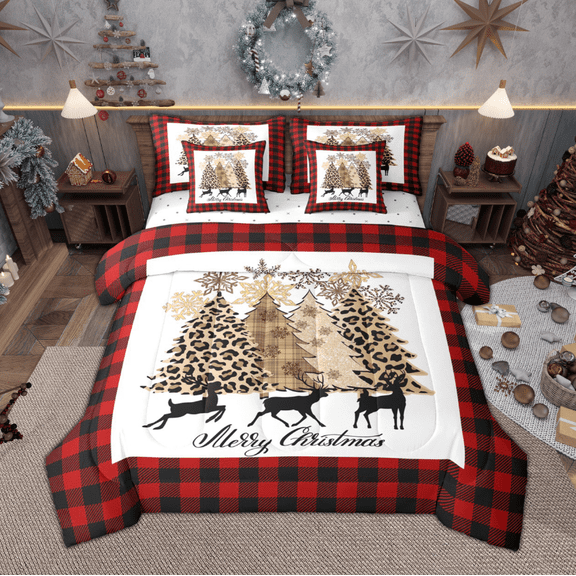 Manfei Merry Christmas Twin Bedding Sets 7pcs for Kids, Brown Leopard Print Xmas Tree Bedding Comforter Set, Black Red Check Sheet Sets, Super Cozy Room Decor