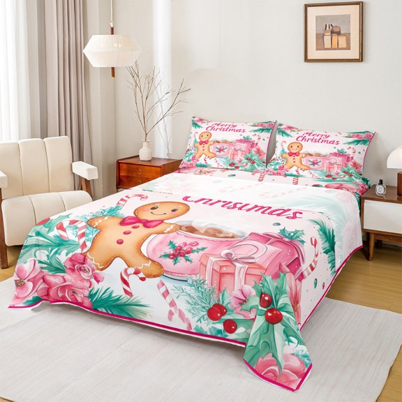 Manfei Merry Christmas Twin Sheet Sets 3 Pieces for Kids Girls, Kawaii Gingerbread Gifts Twin Fitted Sheet, Xmas Tree Sled Coffee Flat Sheet, Lightweight Room Decor