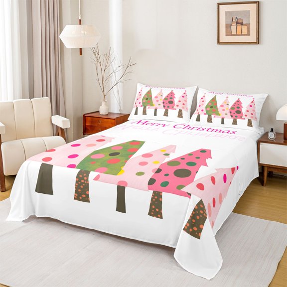 Manfei Merry Christmas Twin Sheet Sets,Cartoon Xmas Tree Twin Fitted Sheet,Colorful Circle Dots Flat Sheet For Girl,Luxury Bedroom Decor,3 Pieces