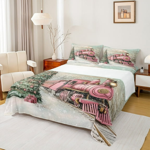 Manfei Merry Christmas Twin Sheet Sets.Chic Xmas Tree Twin Fitted Sheet,Pink Train Flat Sheet For Girls Kids,Breathable Home Decor,3 Pieces