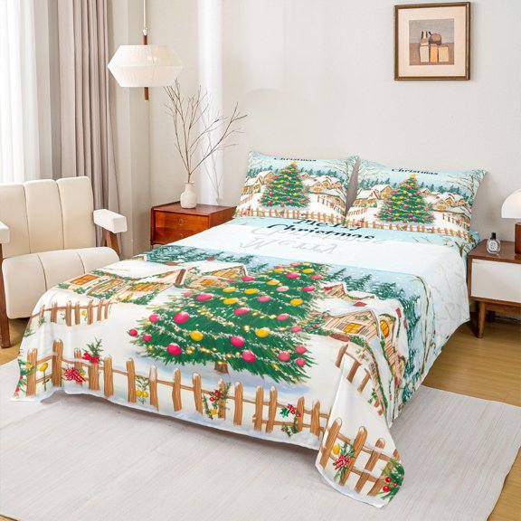 Manfei Merry Christmas Twin Sheet Sets,Chic Xmas Tree Twin Fitted Sheet,Western Happy New Year Flat Sheet For Kids,Microfiber Bedroom Decor,3pcs