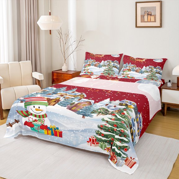 Manfei Merry Xmas Twin Sheet Set,Cute Snowman Kawaii Santa,Breathable Decor For Kids,3-Piece