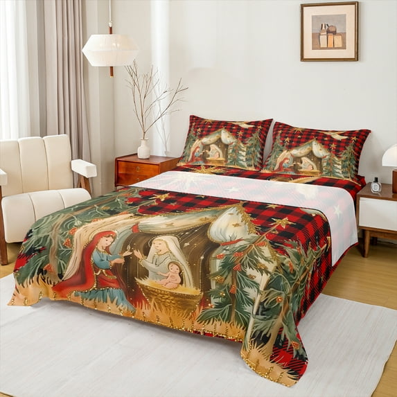 Manfei Merry Christmas Twin Sheet Set (3-Piece) Red Black Geometric Grid Decor For Adults
