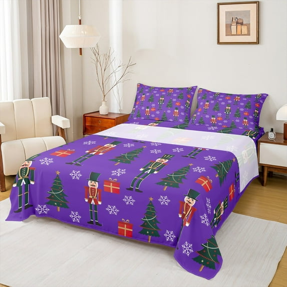 Manfei Merry Christmas Twin Sheet Sets,Nutcracker Soldier Twin Fitted Sheet,Xmas Gifts Tree Flat Sheet For Child,Breathable Home Decor,3 Pieces