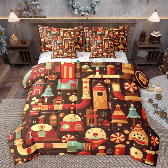 Manfei Merry Xmas 7-Piece Bedding Comforter Set,Happy Christmas King Bedding Sets,Brown Beige Bed Sheets For Girls,Microfiber Bedroom Decor Reversible