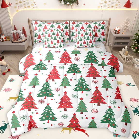Manfei Merry Xmas 7-Piece Bedding Comforter Set,Kawaii Christmas Tree King Bedding Sets,Green Red White Bed Sheets For Girl,Super Cozy Room Decor Reversible