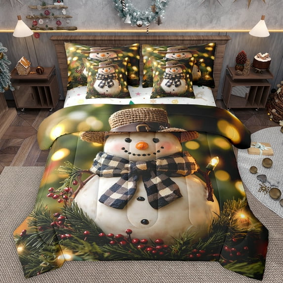 Manfei Merry Xmas 7-Piece Twin Bedding Sets,Cute Bow Snowman Bedding Comforter Set,Rustic Christmas Flower Red Barry Sheet Sets For Teens,Super Cozy Room Decor Reversible