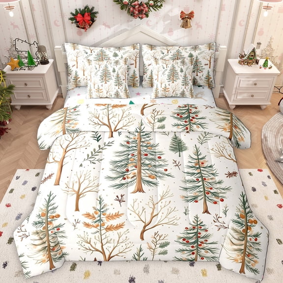 Manfei Merry Xmas 7-Piece Twin Bedding Sets,Happy Christmas Bedding Comforter Set,Green Beige Sheet Sets For Girls Teens,Ultra Soft Home Decor Reversible