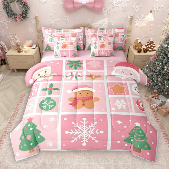 Manfei Merry Xmas 7-Piece Twin Bedding Sets,Lovely Gingerbread Man Bedding Comforter Set,Pink Green Sheet Sets For Girls,Luxury Bedroom Decor Reversible