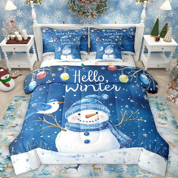 Manfei Merry Xmas 7 Pieces Bedding Comforter Set,Cute Bow Snowman Full Bedding Set,Hellow Winter Fitted Sheet Flat Sheet For Teens,Super Cozy Room Decor Reversible