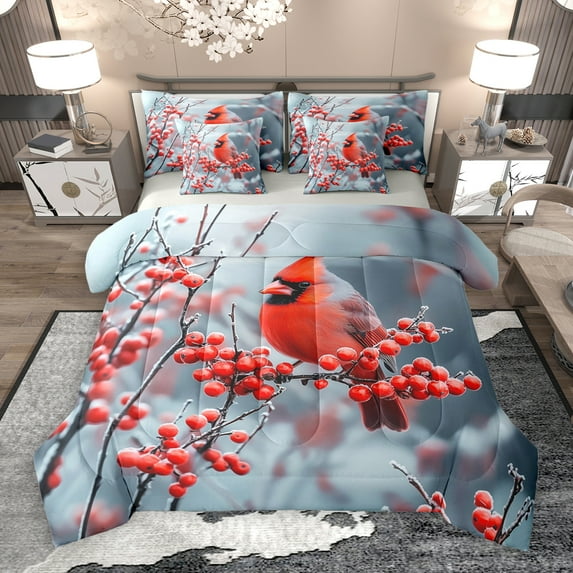 Manfei Merry Xmas 7 Pieces Bedding Comforter Set,Red Bird Cardinals Full Bedding Set,Red Christmas Berry Fitted Sheet Flat Sheet For Men Women,Luxury Bedroom Decor Reversible