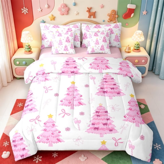 Manfei Merry Xmas 7 Pieces Full Size Bedding Sets,Cute Christmas Santa Hat Full Size Bed in a Bag,Pink Reversible