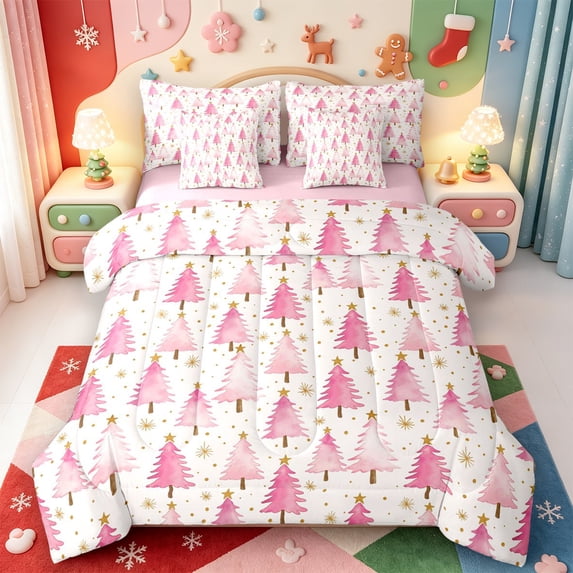Manfei Merry Xmas 7 Pieces Full Size Bedding Sets,Farmhouse Santa Claus Full Size Bed in a Bag,Pink Reversible