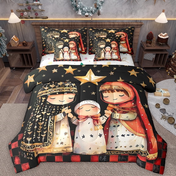 Manfei Merry Xmas 7pcs Bedding Comforter Set,Cartoon Girls Queen Bedding Sets,Happy New Year Queen Sheet Sets For Teens,Ultra Soft Home Decor Reversible