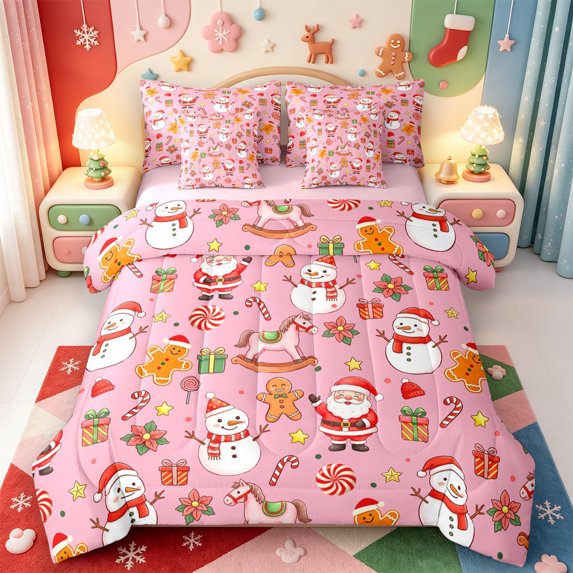 Manfei Merry Xmas 7pcs Queen Bedding,Red-Green Christmas Stocking Bedding Comforter Set Queen,Pink Reversible