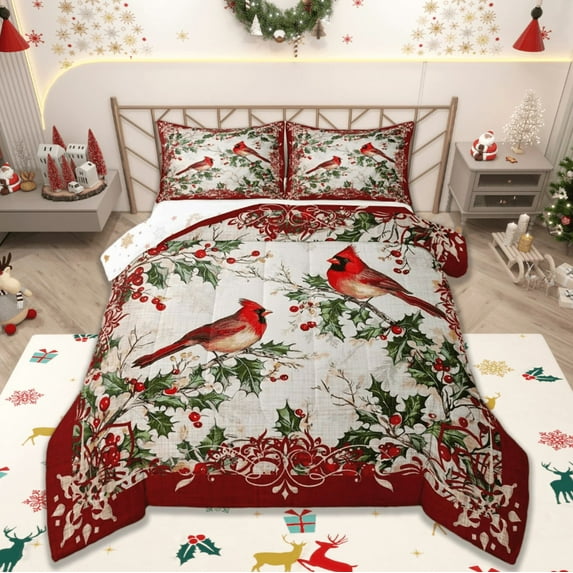 Manfei Merry Xmas Bedding Comforter Set,Christmas Cardinals Twin Comforter Sets,Retro Red Berry Bedding Set For Men Women,Luxury Bedroom Decor Reversible,2 Pieces