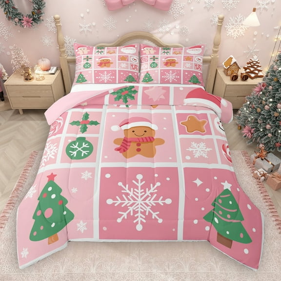 Manfei Merry Xmas Bedding Comforter Set,Lovely Gingerbread Man Twin Comforter Sets,Pink Green Bedding Set For Girls,Luxury Bedroom Decor Reversible,2-Piece
