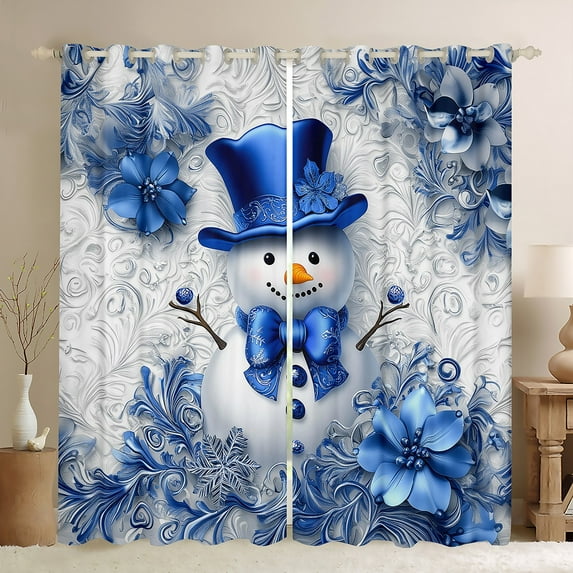 Manfei Merry Xmas Black Out Curtains,Cute Bow Snowman Curtains Pack of 2 (42x63 Each),Blue Christmas Flower Bedroom Curtains For Teens,Super Cozy Room Decor