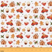 Manfei Merry Xmas Fabric by the Yard 1 Yard, Cartoon Gingerbread Home Decor Fabric by the Yard, White