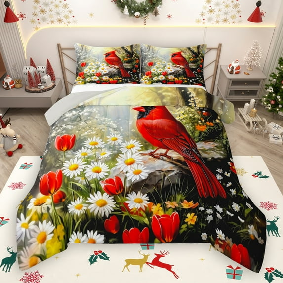 Manfei Merry Xmas Full Size Comforter Sets,Red Bird Cardinals Bedding Comforter Set,Multicolor Daisy Tulip Bedding Sets For Men Women,Luxury Bedroom Decor Reversible,3-Piece