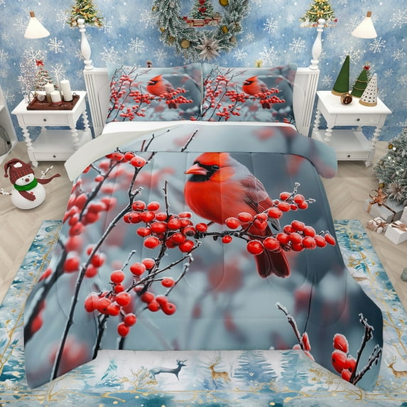 Manfei Merry Xmas Full Size Comforter Sets,Red Bird Cardinals Bedding Comforter Set,Red Christmas Berry Bedding Sets For Men Women,Luxury Bedroom Decor Reversible,3pcs