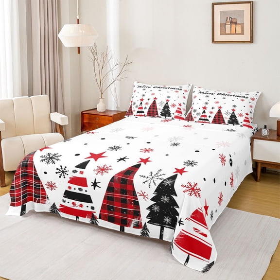 Manfei Merry Xmas Full Size Sheets,Kawaii Christmas Tree Bed Sheets,Red Black Snowflake Sheet Sets For Girl,Super Cozy Room Decor,4-Piece