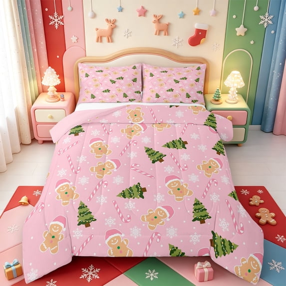 Manfei Merry Xmas Queen Comforter Set,Cute Ball Comforter Sets Queen,Pink Reversible,3pcs,1 Comforter and 2 Pillowcases