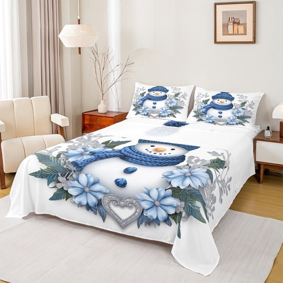Manfei Merry Xmas Queen Sheet Sets,Cute Snowman Flat Sheet,Rustic Christmas Flower Queen Fitted Sheet For Teens,Super Cozy Room Decor,4-Piece