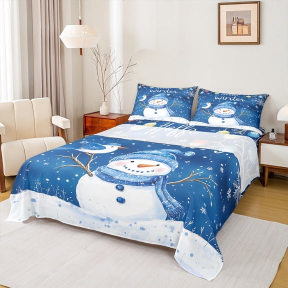 Manfei Merry Xmas Twin Sheet Sets,Cute Bow Snowman Twin Fitted Sheet,Hellow Winter Flat Sheet For Teens,Super Cozy Room Decor,3-Piece