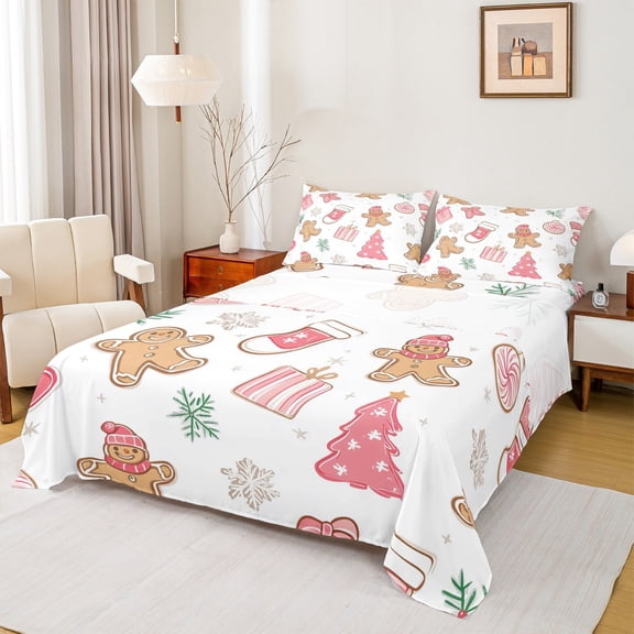 Manfei Merry Xmas Twin Sheet Sets,Kawaii Gingerbread Man Twin Fitted Sheet,White Green Snowflake Flat Sheet For Girls,Luxury Bedroom Decor,3pcs