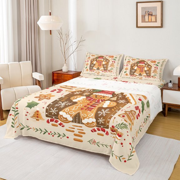 Manfei Merry Xmas Twin Sheet Sets,Lovely Gingerbread Man Twin Fitted Sheet,Beige Brown Flat Sheet For Girls,Luxury Bedroom Decor,3-Piece