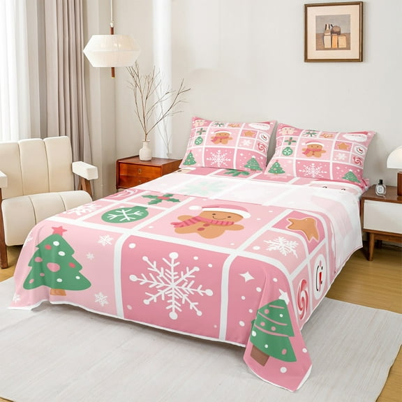 Manfei Merry Xmas Twin Sheet Sets,Lovely Gingerbread Man Twin Fitted Sheet,Pink Green Flat Sheet For Girls,Luxury Bedroom Decor,3-Piece