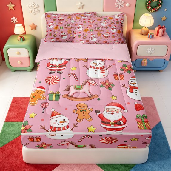 Manfei Merry Xmas Zipper Twin Comforter Sets with Fitted Sheet and 2 Pillowcases,Red-Green Christmas Stocking Zipper Bedding Set,Pink Reversible,4pcs