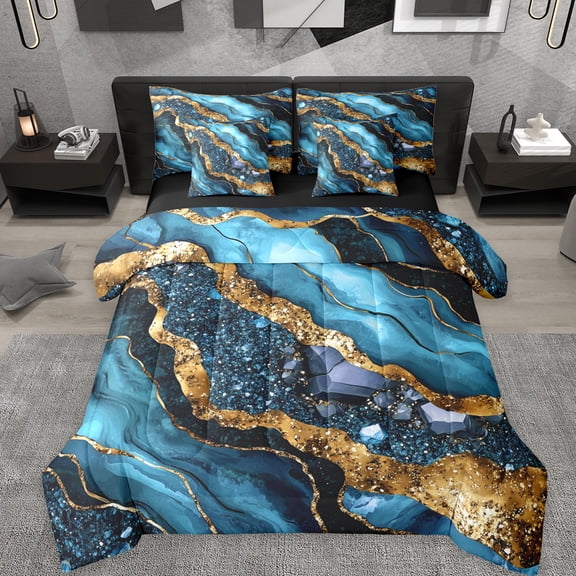 Manfei Metallic Marble 7-Piece Twin Bedding Sets,Brown Fluid Stripe Bedding Comforter Set,Blue Sequin Print Sheet Sets For Girls Teens,Ultra Soft Home Decor Reversible