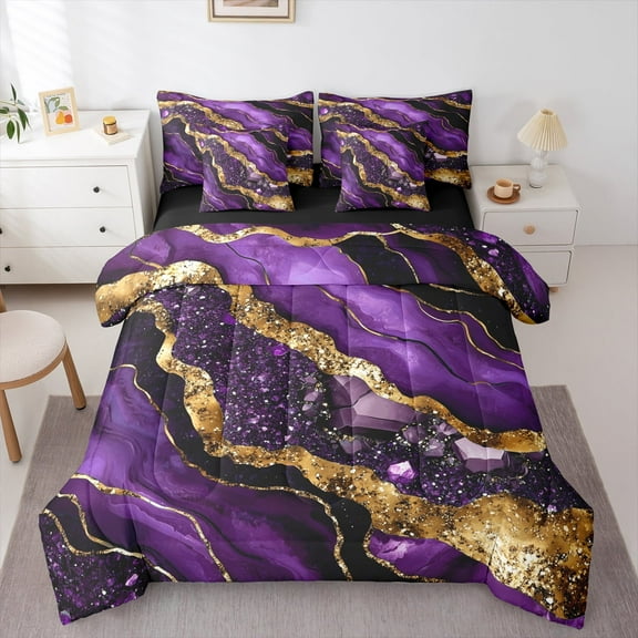 Manfei Metallic Marble 7pcs Bedding Comforter Set,Brown Fluid Stripe Queen Bedding Sets,Purple Sparking Print Queen Sheet Sets For Girls Teens,Ultra Soft Home Decor Reversible